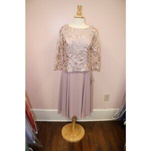 NWT Tea Length Alex Evenings Dress. Latte. Floral top.